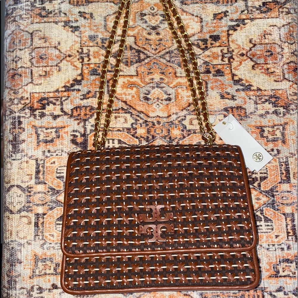 BRAND NEW TORY BURCH WOVEN BROWN CROSSBODY/PURSE